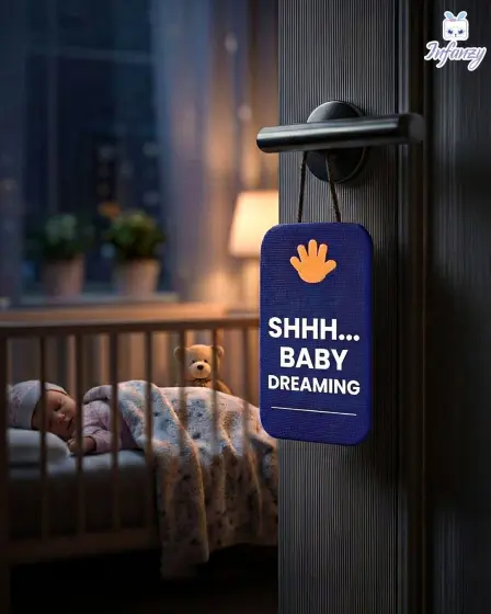 Moody nursery scene with hanging door sign