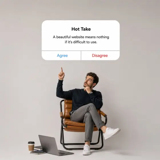 Person pointing at UI pop-up with 'Hot Take'