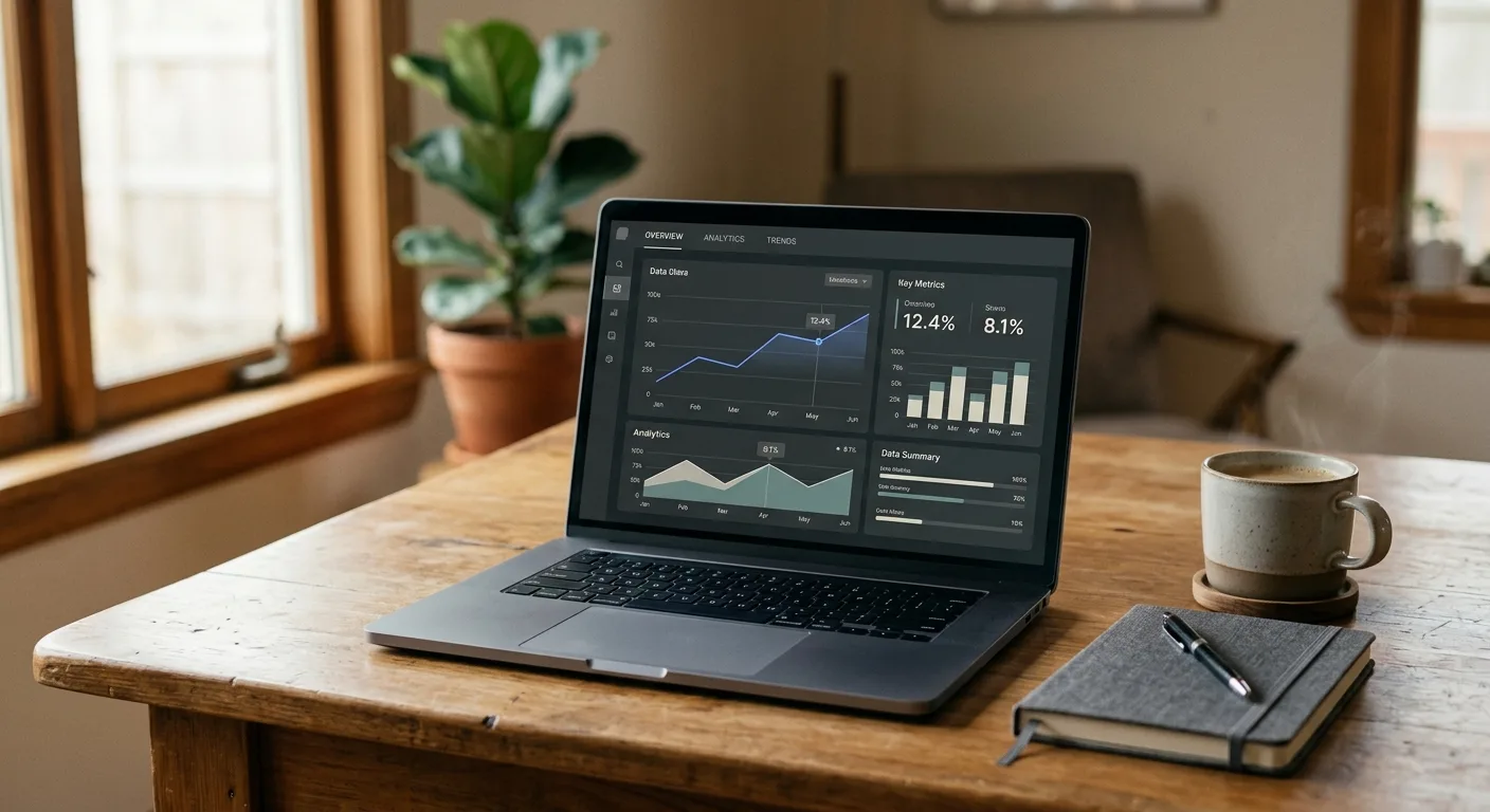 Laptop on a wooden desk showing an analytics dashboard