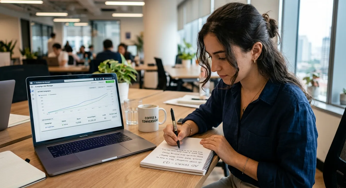 Marketer writing ad hook templates on a notepad beside a laptop showing campaign results