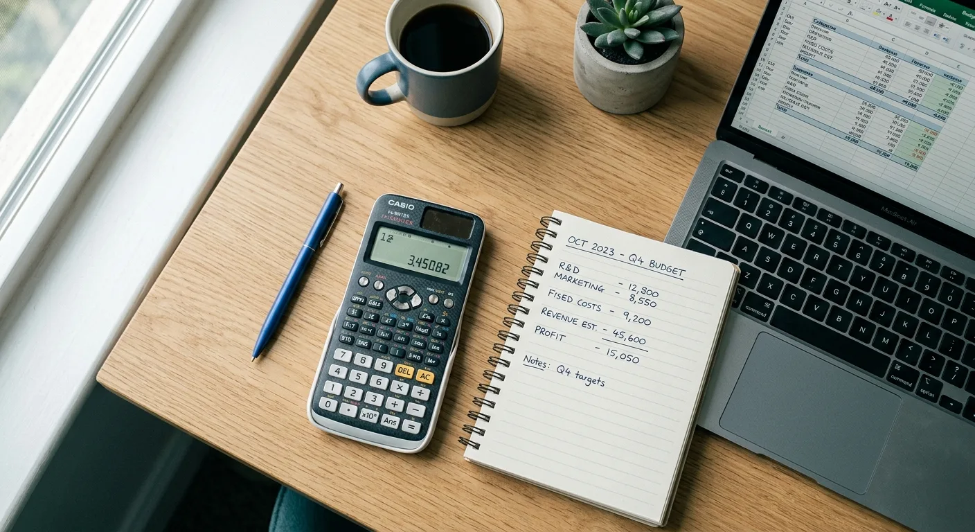 Overhead desk with calculator, notebook and laptop showing a budget