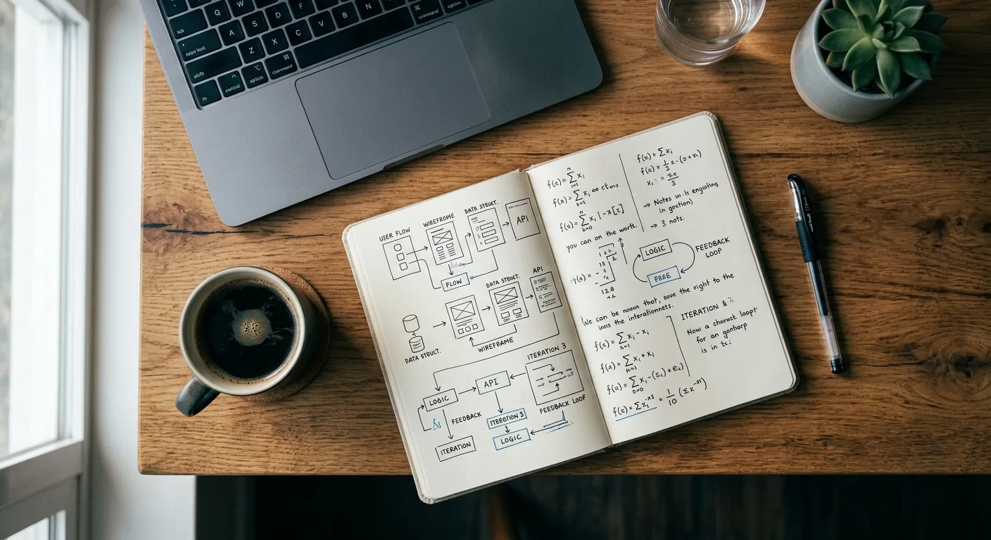 Overhead desk shot with notebook showing a marketing funnel diagram