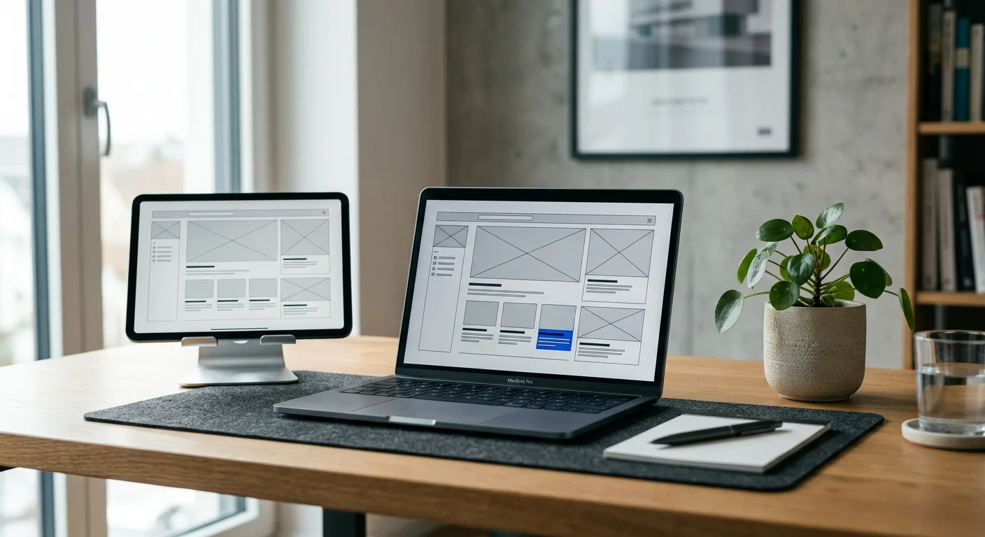 Tablet and laptop on a minimalist desk showing a website wireframe