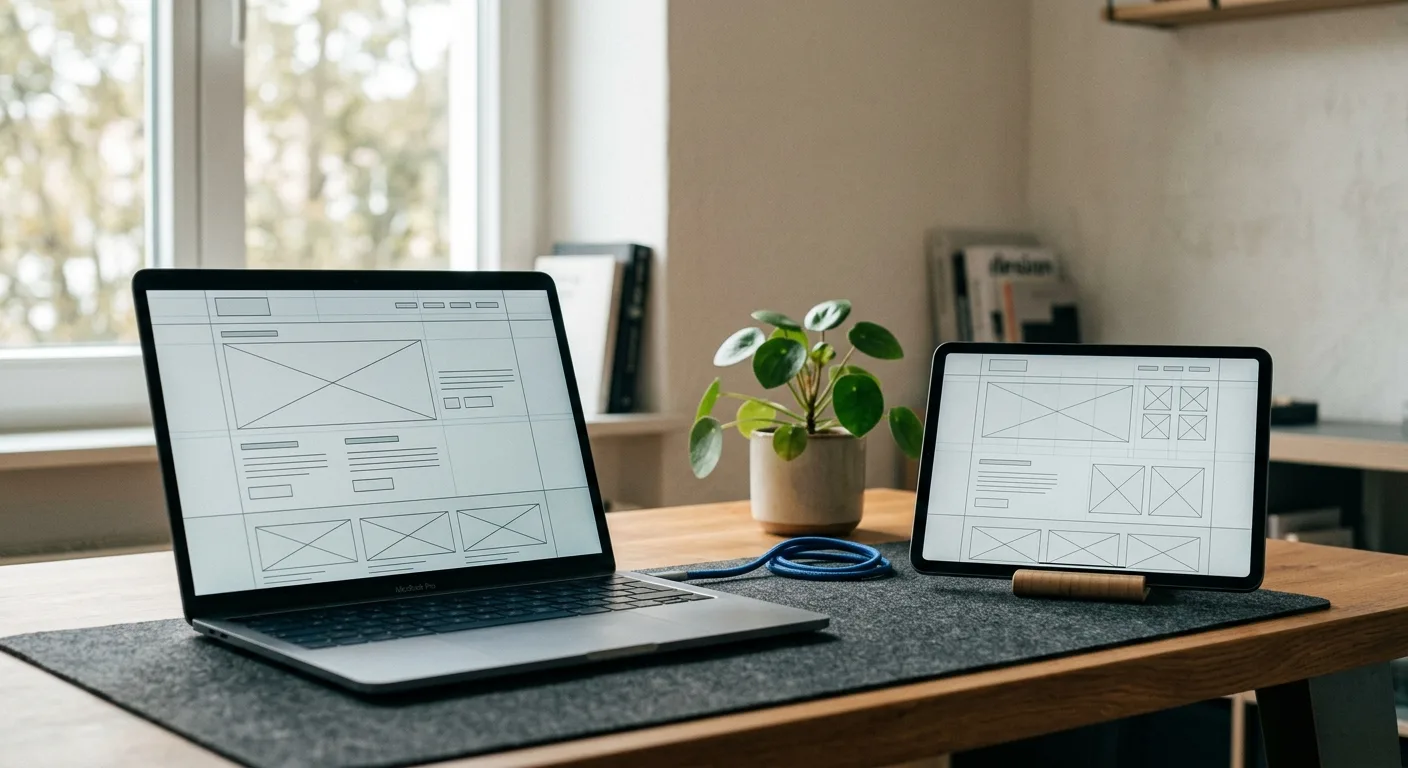 Tablet and laptop on a minimalist desk showing a website wireframe