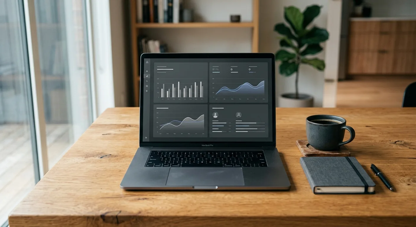 Laptop on a wooden desk showing an analytics dashboard