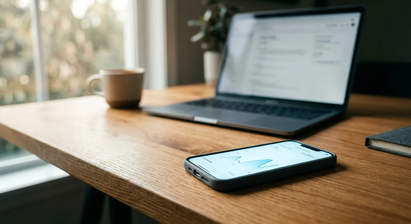 Phone showing a social media ads performance graph on a modern desk