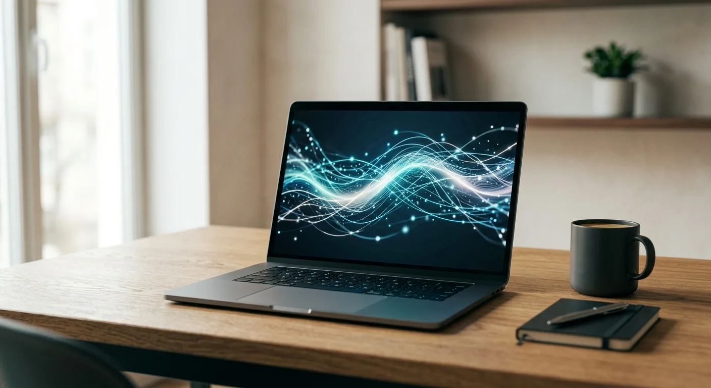 Modern laptop showing abstract AI visualisation on screen