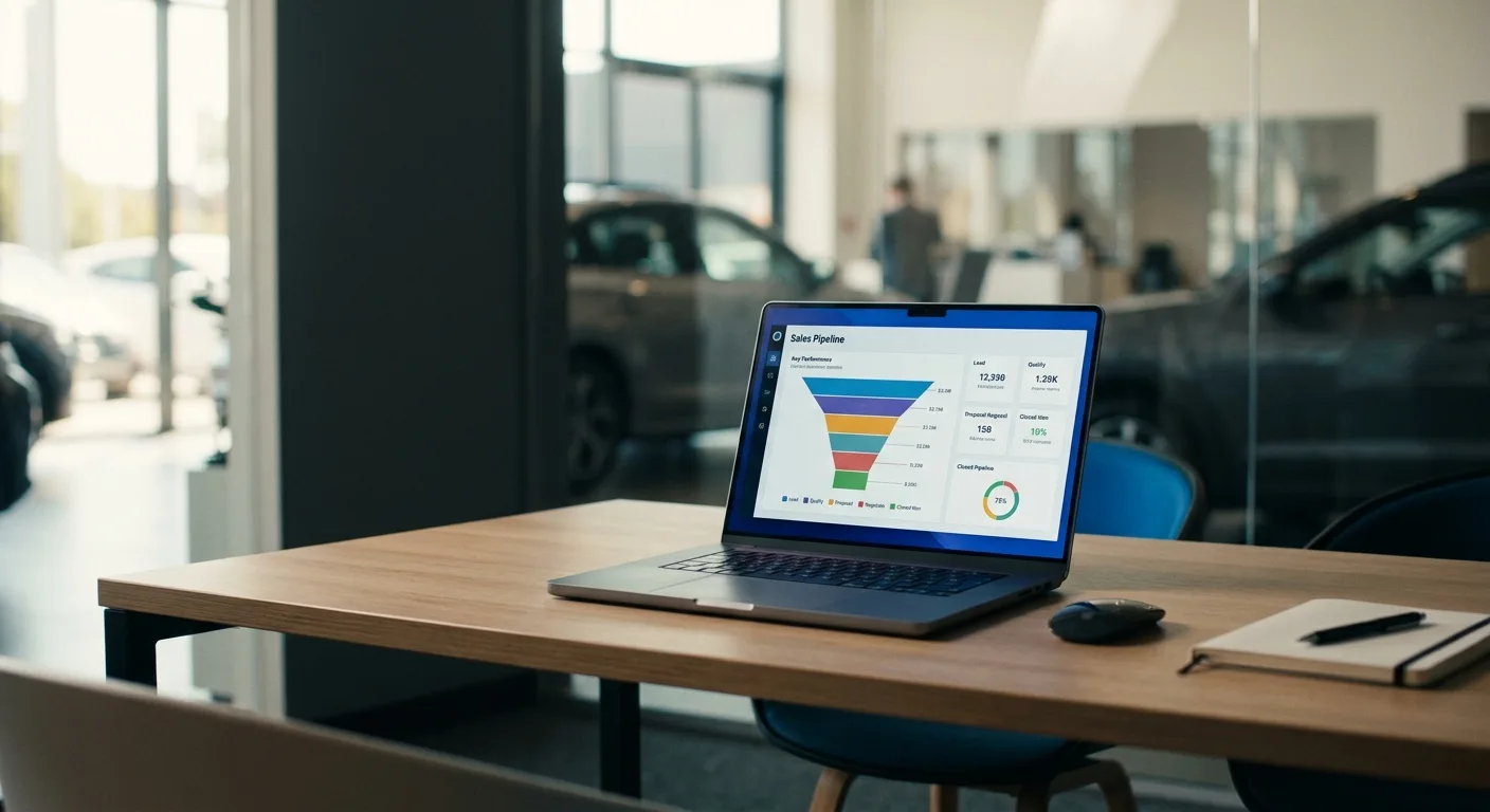 Car dealership office laptop showing a sales pipeline dashboard