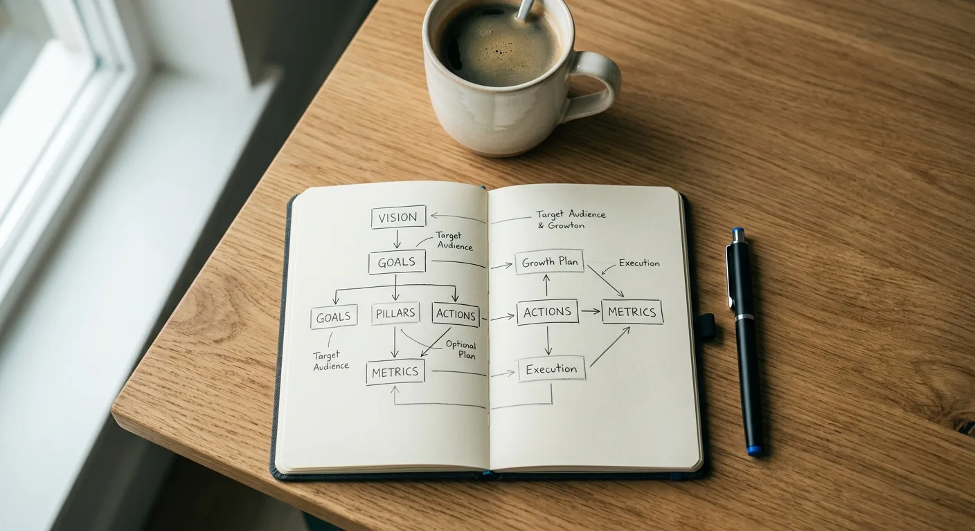Overhead desk flat-lay with a strategy diagram in a notebook