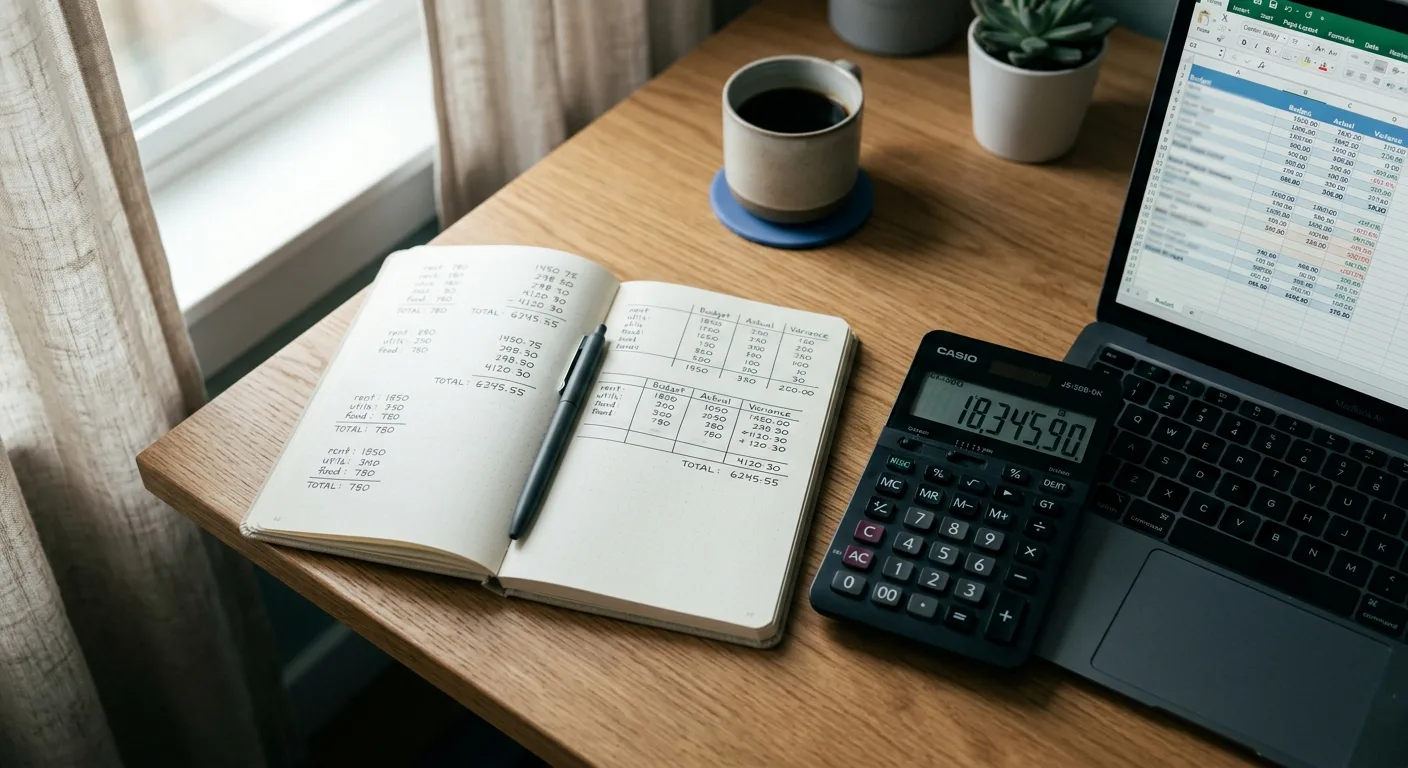 Overhead desk with calculator, notebook and laptop showing a budget