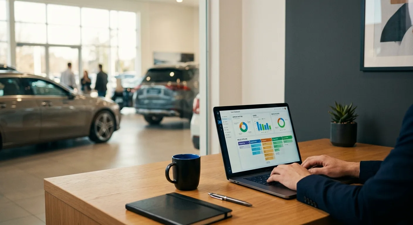 Car dealership office laptop showing a sales pipeline dashboard