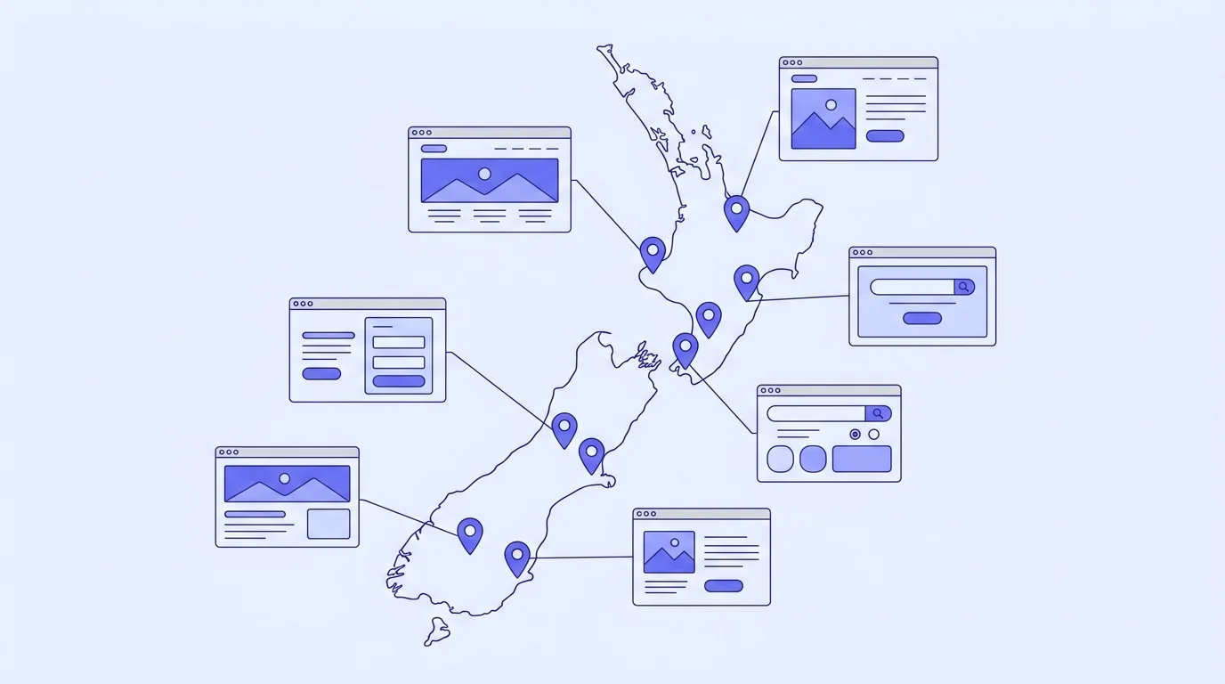 Map of New Zealand with location pins and matching service landing pages for local lead generation