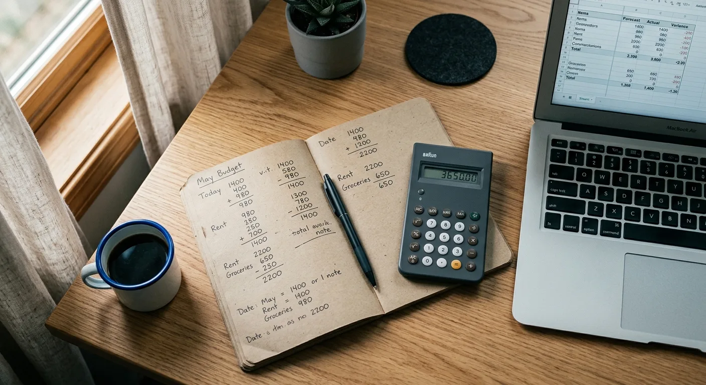 Overhead desk with calculator, notebook and laptop showing a budget
