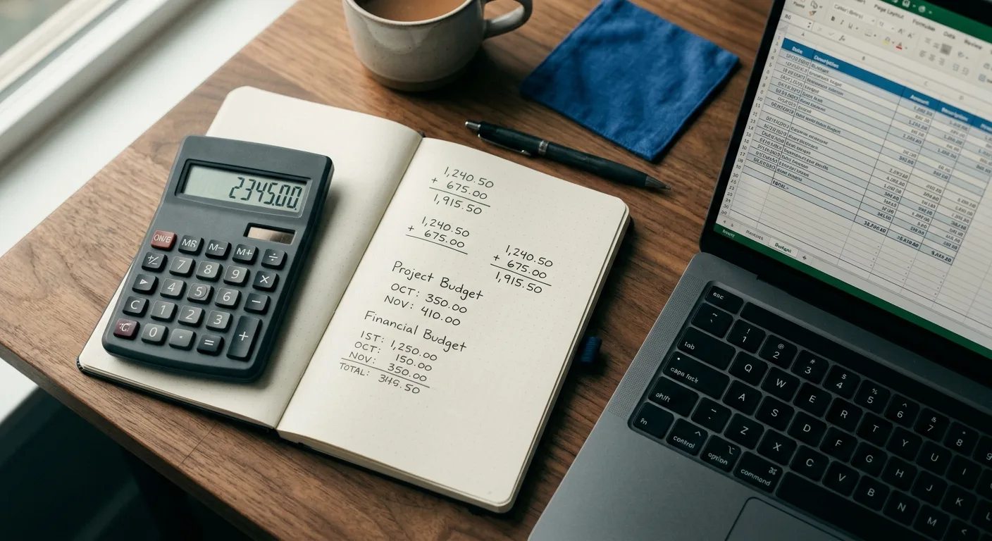 Overhead desk with calculator, notebook and laptop showing a budget