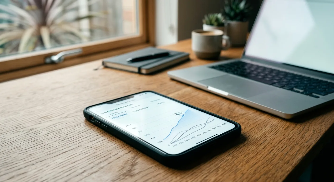 Phone showing a social media ads performance graph on a modern desk