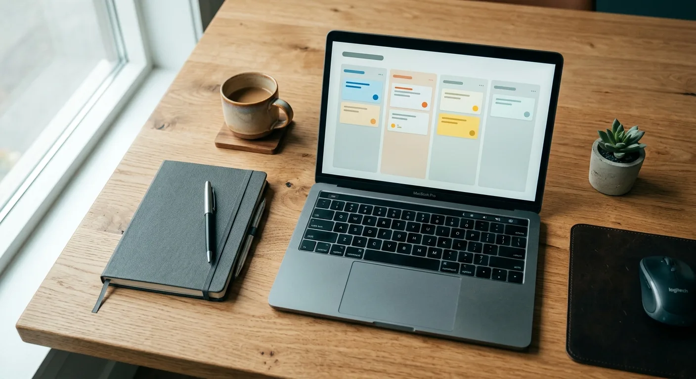 Overhead desk shot of a laptop with a workflow board on screen