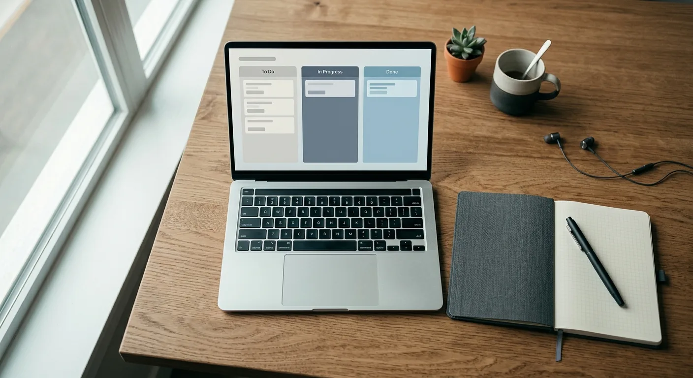 Overhead desk shot of a laptop with a workflow board on screen
