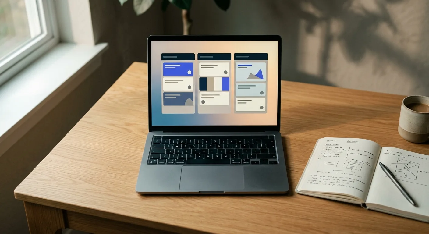 Overhead desk shot of a laptop with a workflow board on screen