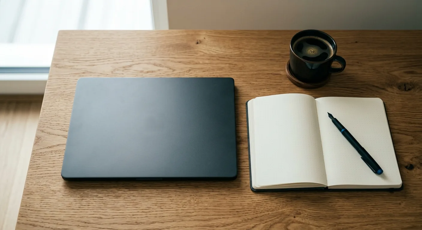 Overhead workspace flat-lay with laptop, notebook and coffee