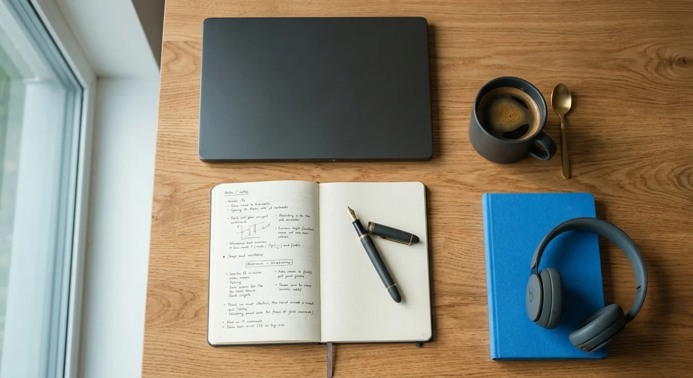 Overhead workspace flat-lay with laptop, notebook and coffee