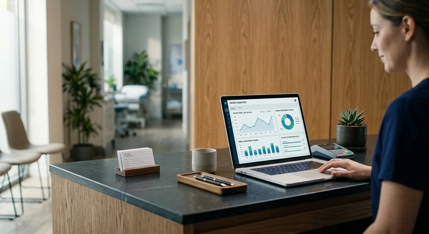Clinic reception desk with a laptop showing patient analytics