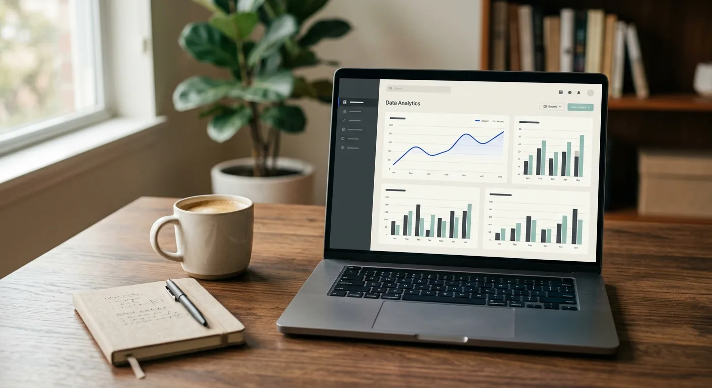 Laptop on a wooden desk showing an analytics dashboard