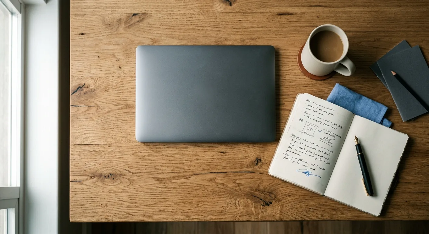 Overhead workspace flat-lay with laptop, notebook and coffee