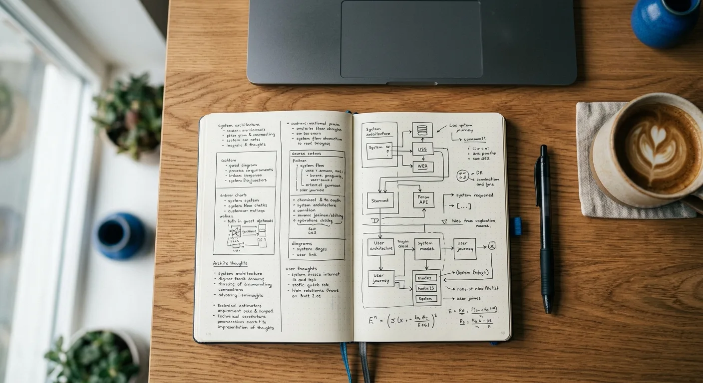 Overhead desk shot with notebook showing a marketing funnel diagram