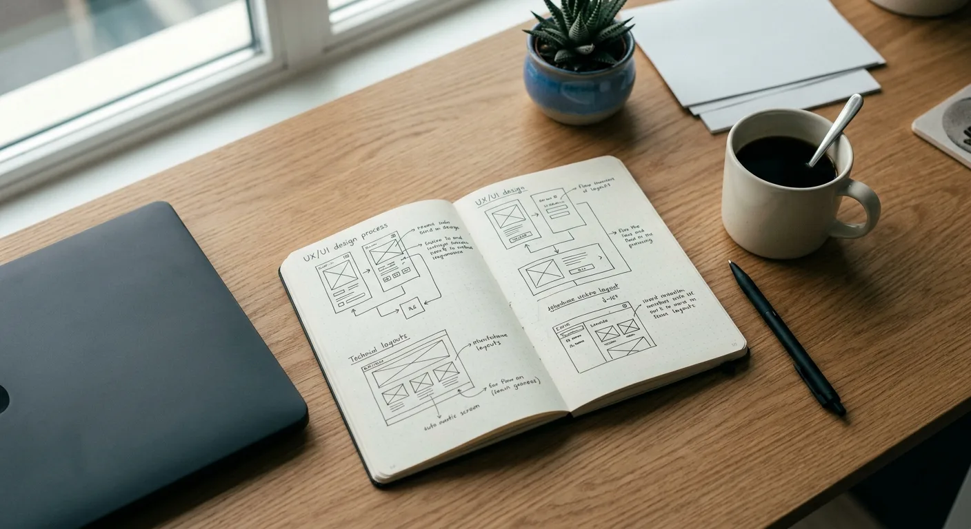 Overhead desk shot with notebook showing a marketing funnel diagram