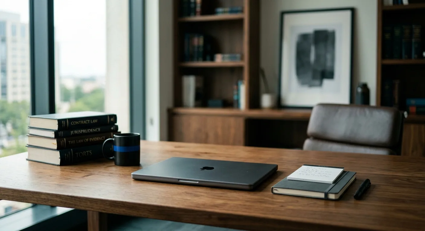 Legal office desk with laptop, fountain pen and notepad