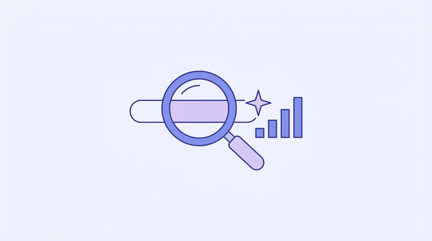 Magnifying glass over a Google search bar with an AI spark and a rising results chart for Google Ads AI Max for Search