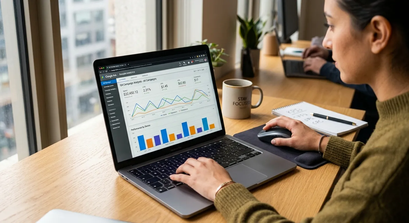Marketing professional reviewing Google Ads AI Max for Search campaign settings on a laptop in a modern office