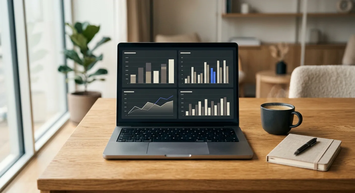 Laptop on a wooden desk showing an analytics dashboard