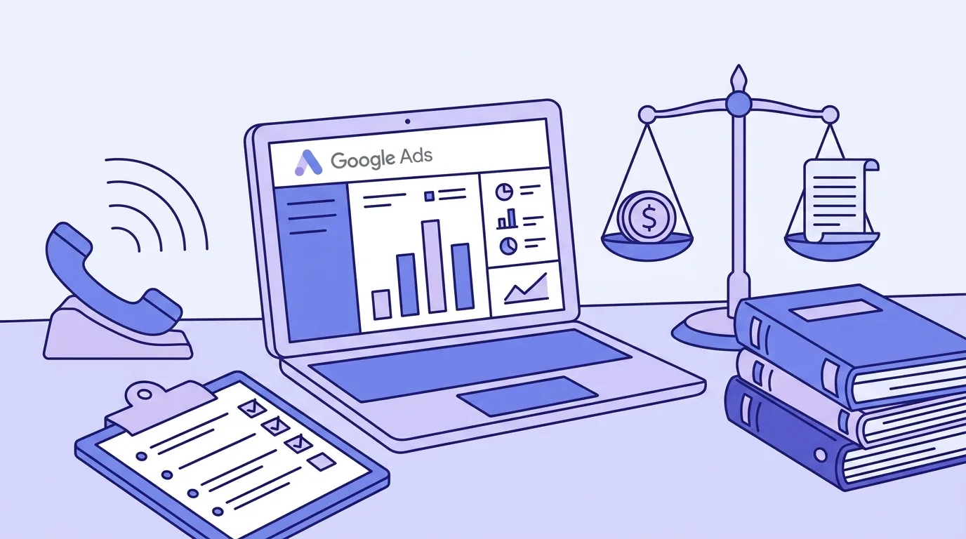 Flat line-art of a professional services office with Google Ads dashboard, legal scales, and financial charts for lead generation