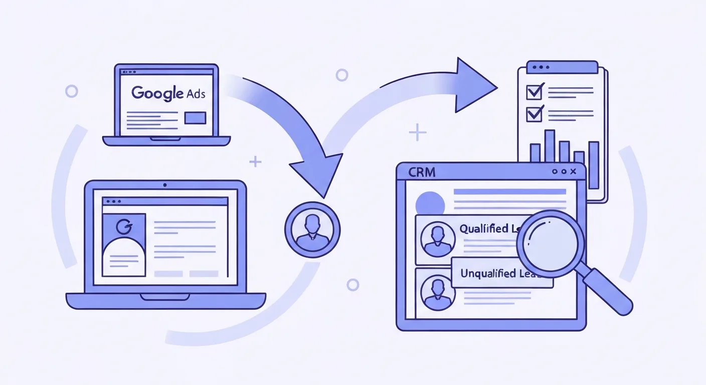Line-art of a circular Google Ads quality signal feedback loop with lead classification and qualified leads icons