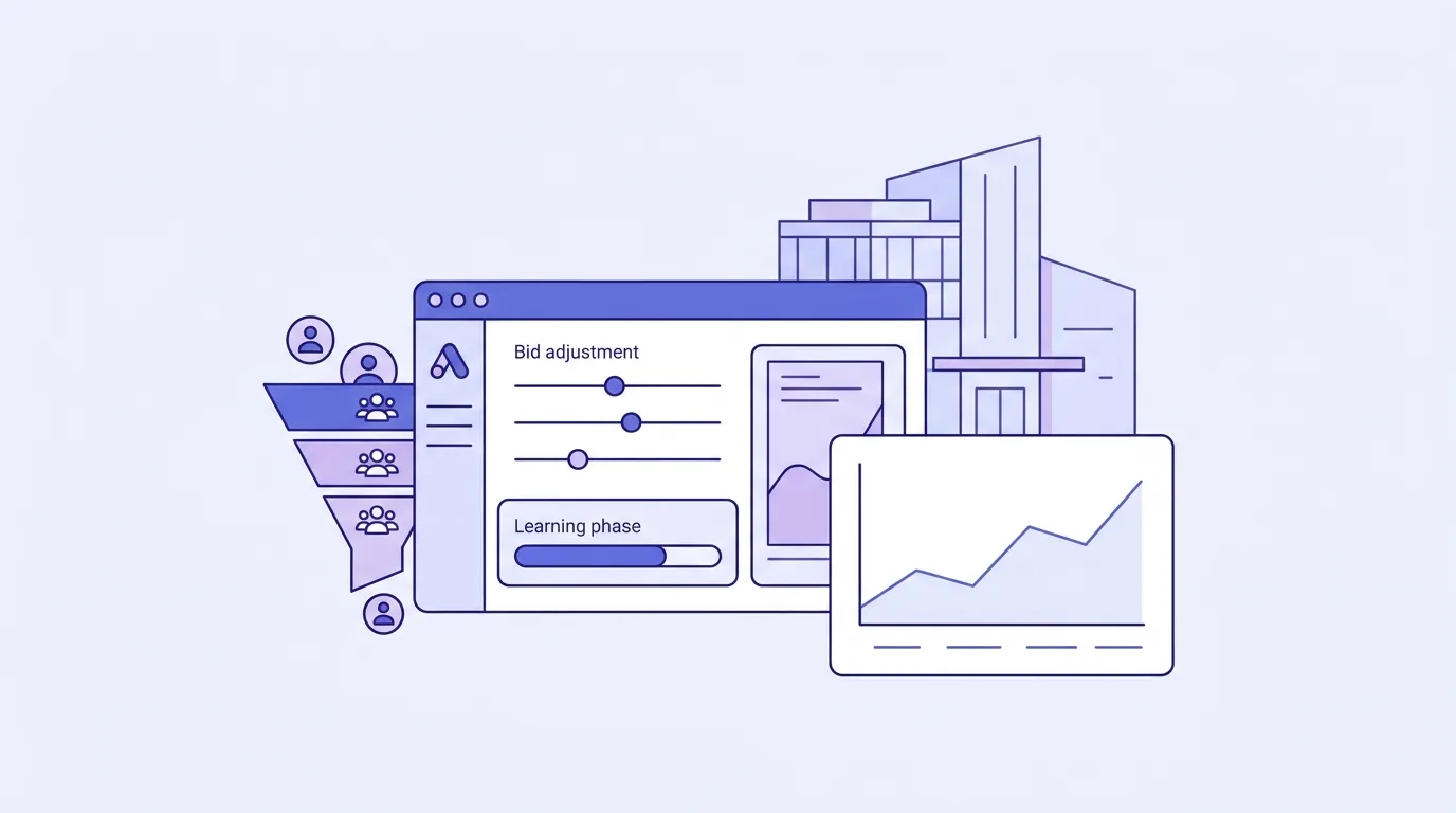 Flat line-art of Google Ads bid strategy dashboard, funnel with conversion counts, and a professional services office building