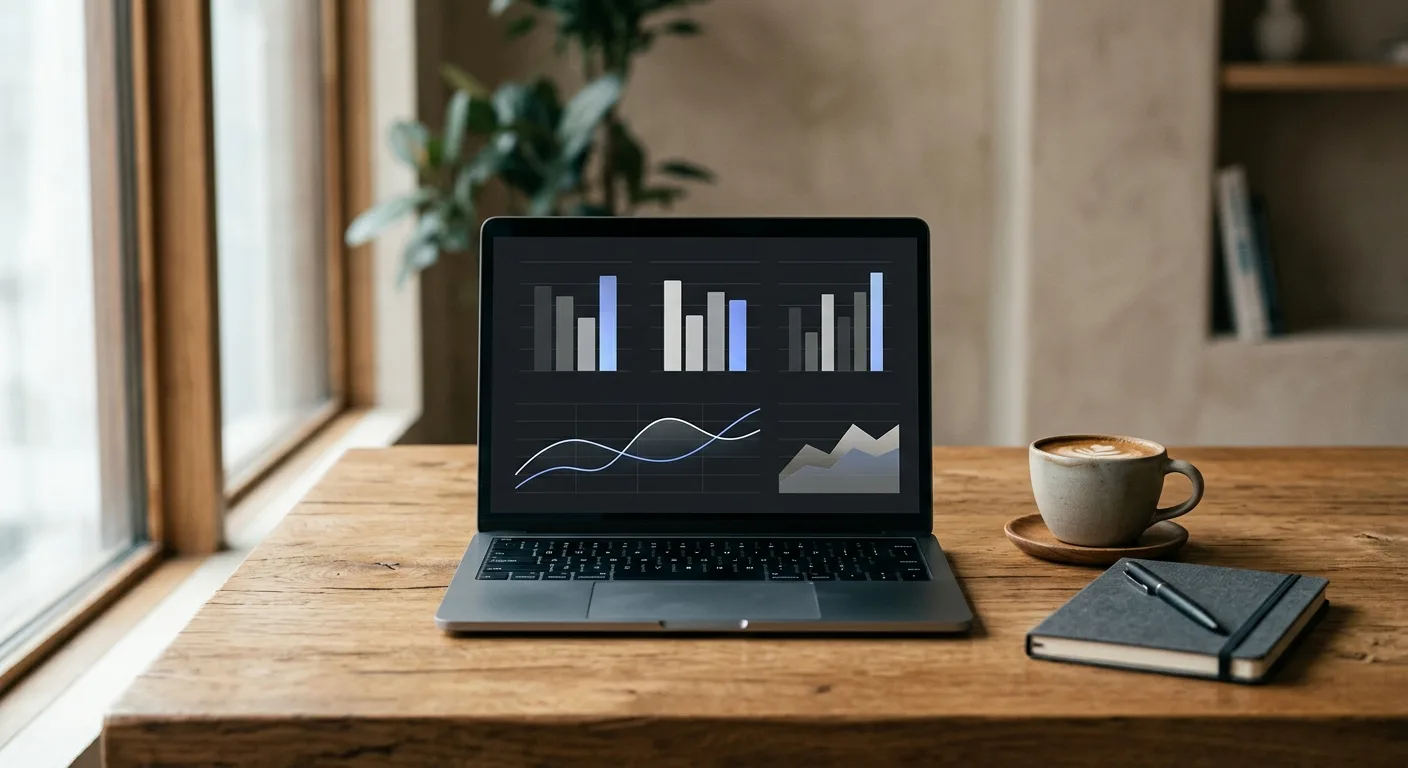 Laptop on a wooden desk showing an analytics dashboard