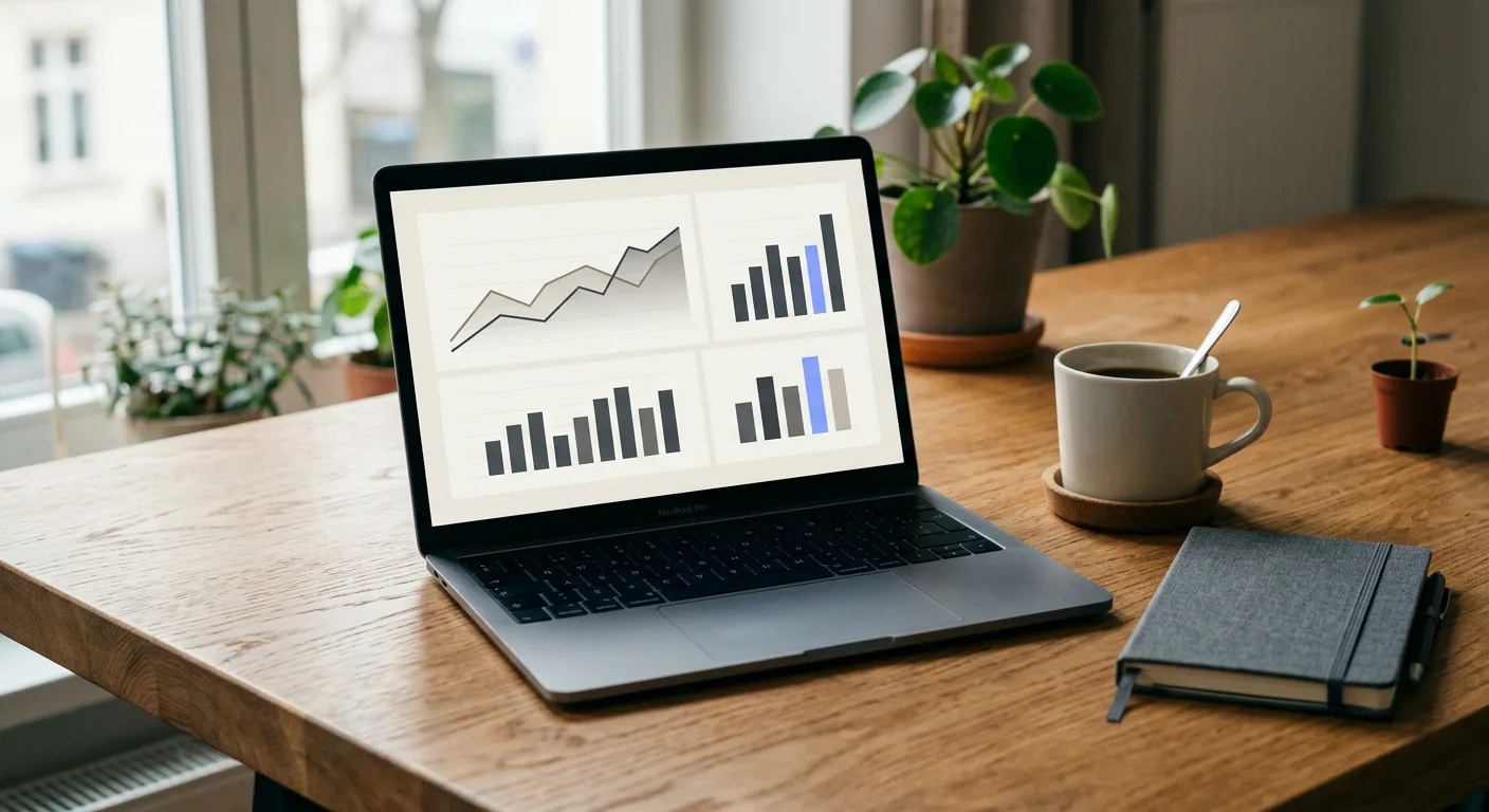 Laptop on a wooden desk showing an analytics dashboard