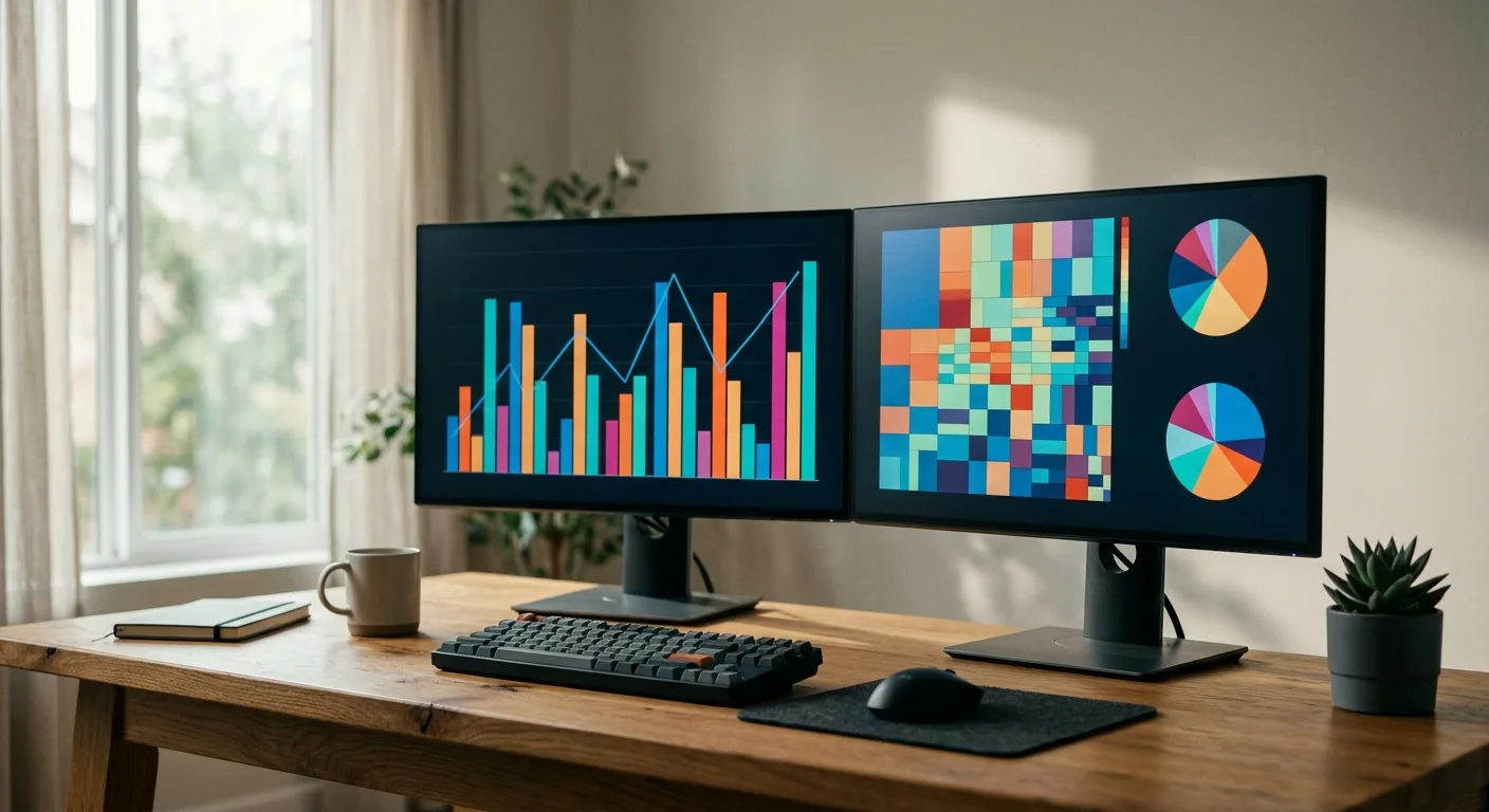 Dual monitors showing abstract analytics charts