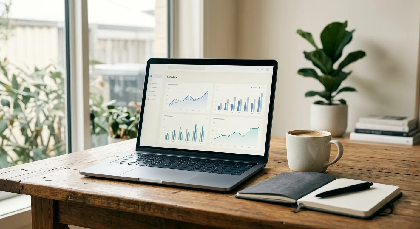 Laptop on a wooden desk showing an analytics dashboard
