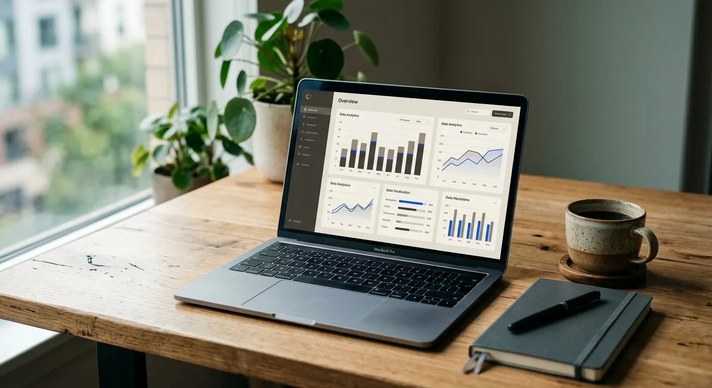 Laptop on a wooden desk showing an analytics dashboard
