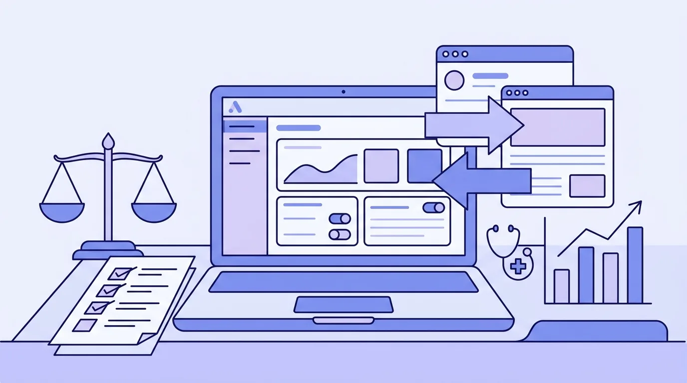 Flat line-art of a professional services office with a Google Ads dashboard, migration arrows, a checklist, legal scales, and a financial chart