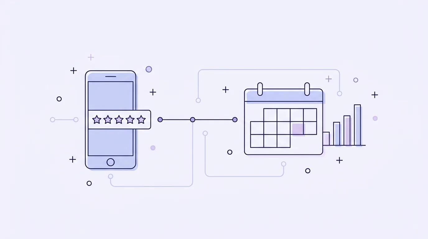 Line-art of a prospect checking business reviews between clicking an ad and booking a consultation