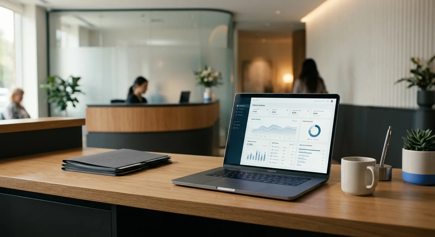 Clinic reception desk with a laptop showing patient analytics