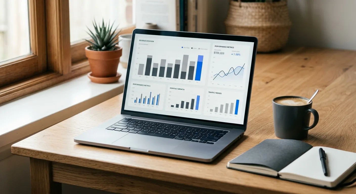 Laptop on a wooden desk showing an analytics dashboard