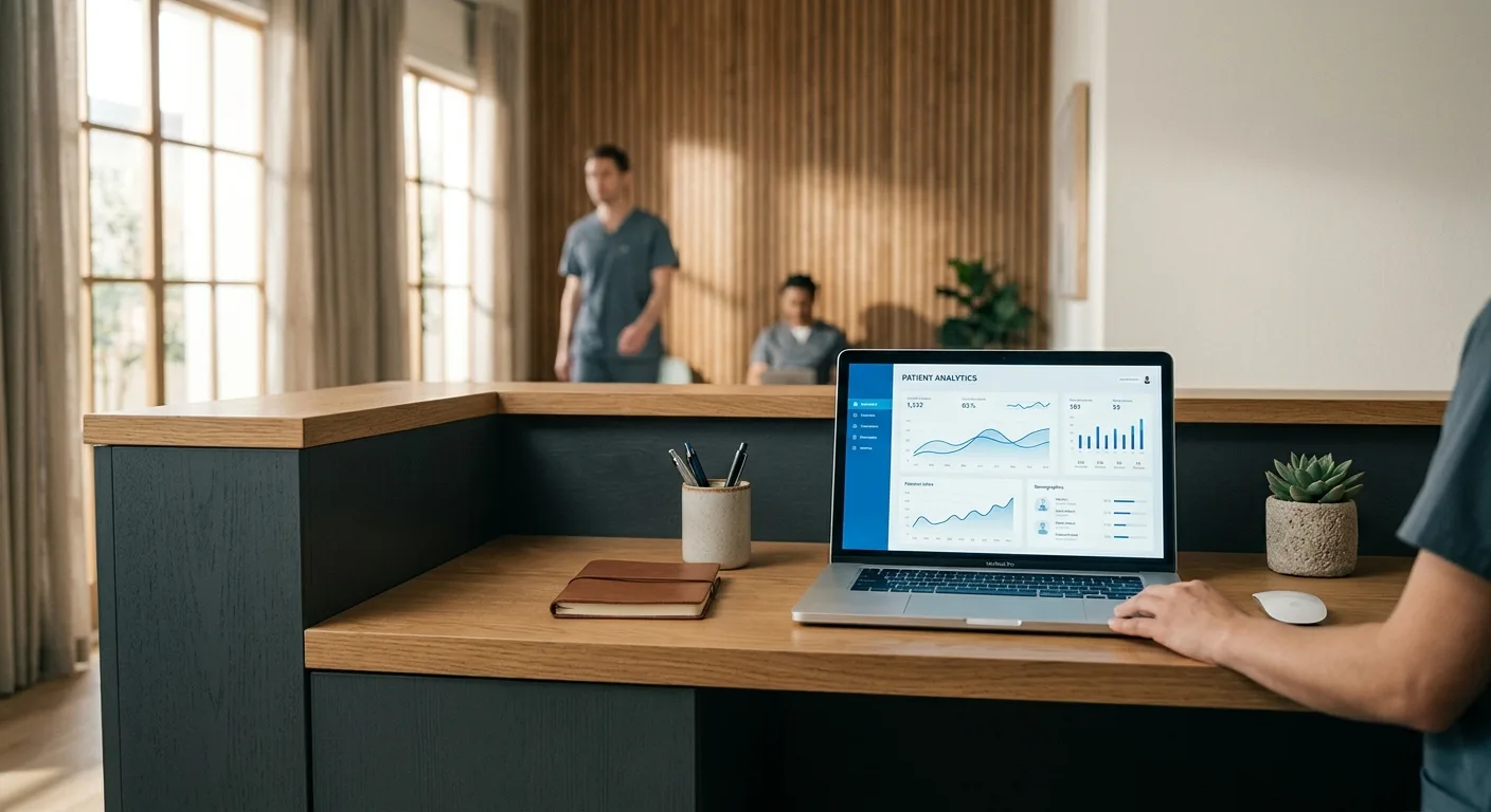Clinic reception desk with a laptop showing patient analytics