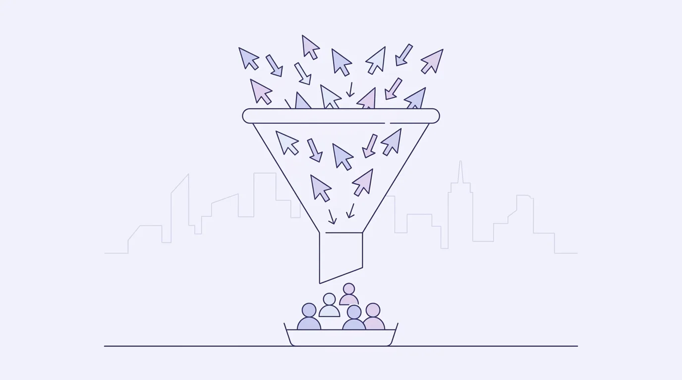 Illustration of online ad clicks flowing through a marketing funnel and converting into qualified leads