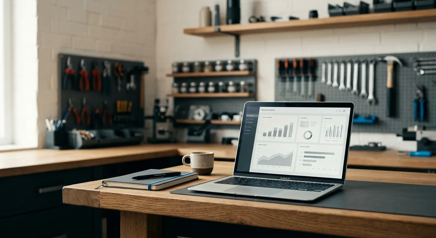 Laptop on a workshop bench showing a business dashboard