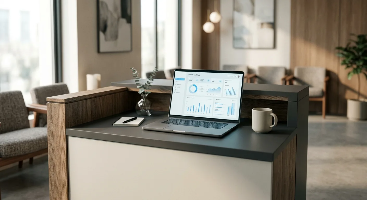 Clinic reception desk with a laptop showing patient analytics