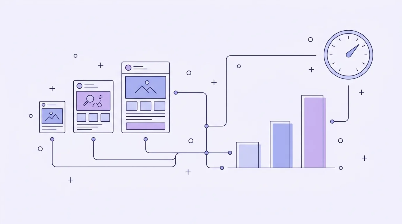 Line-art of Facebook ad creatives being tested at different daily budget levels with performance charts